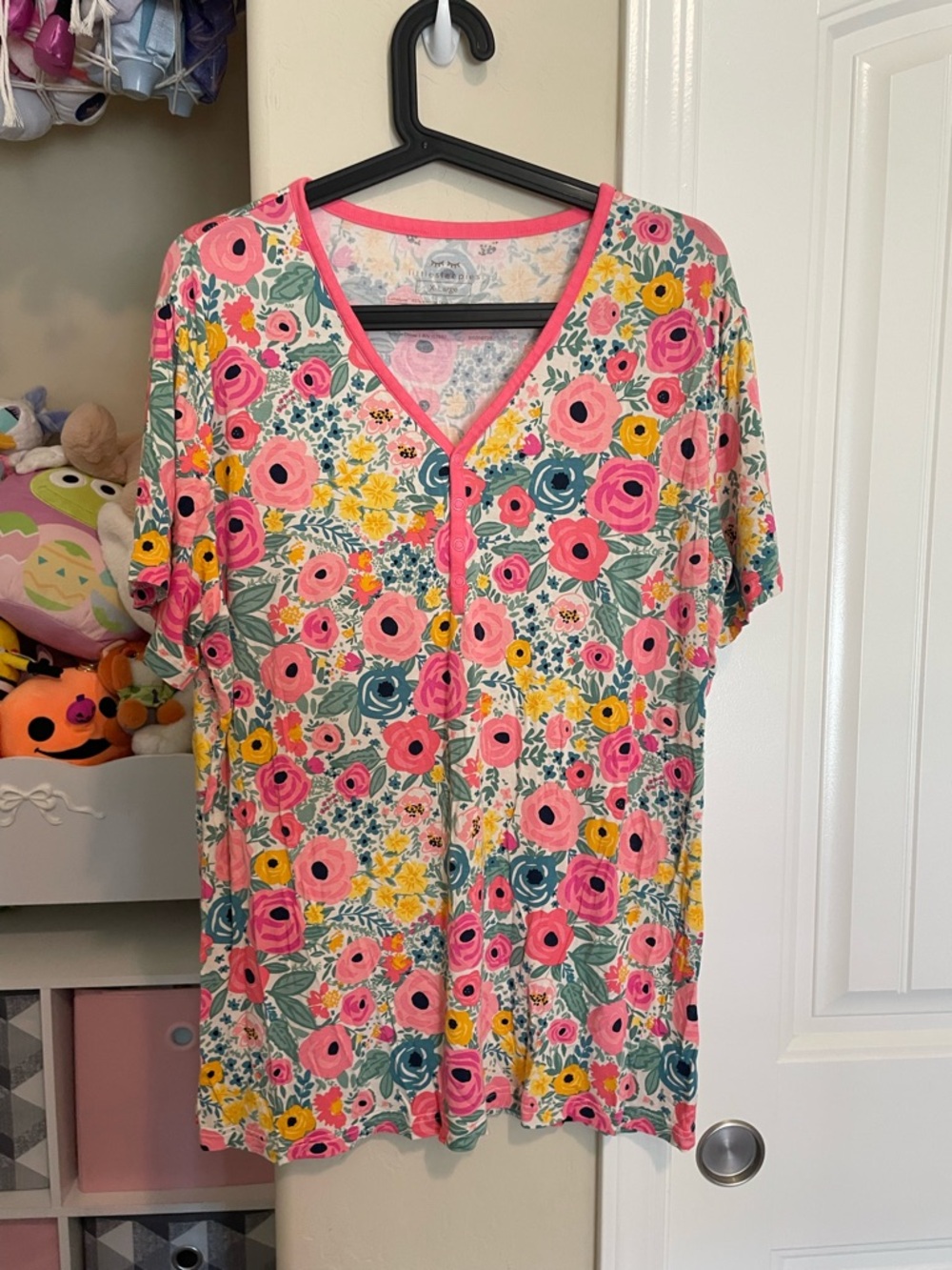 Little Sleepies Floral Button-Front V-Neck Top in Pink, Yellow, Teal